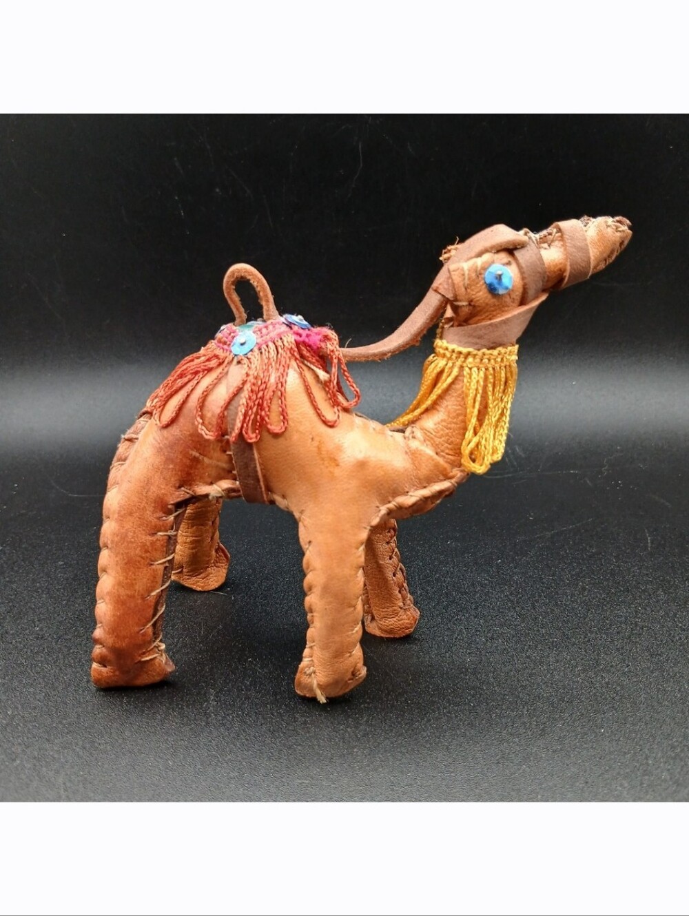 Vintage Leather Wrapped Camel Nativity Figure Sequins Folk Art Figurine